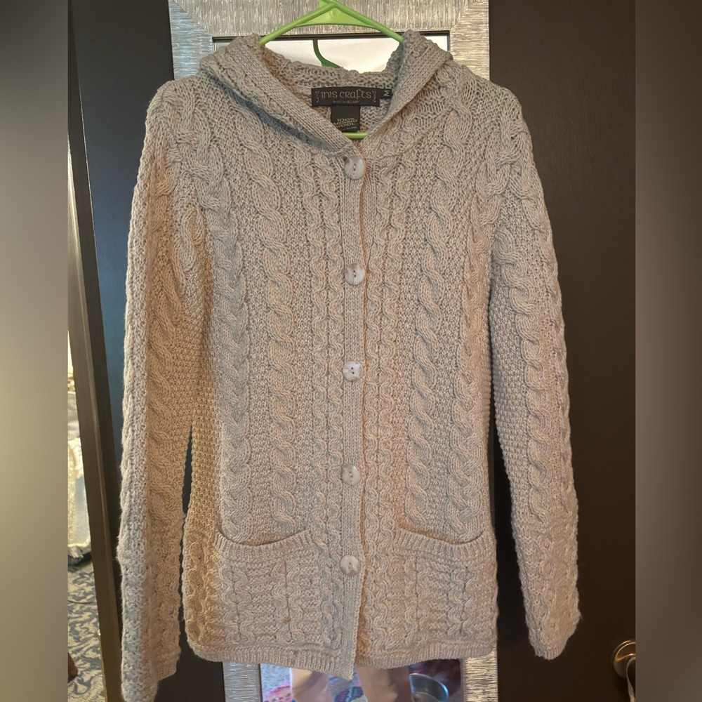 Inis Crafts Button-Up Cable Knit Cardigan - Cream - 100% Merino Wool